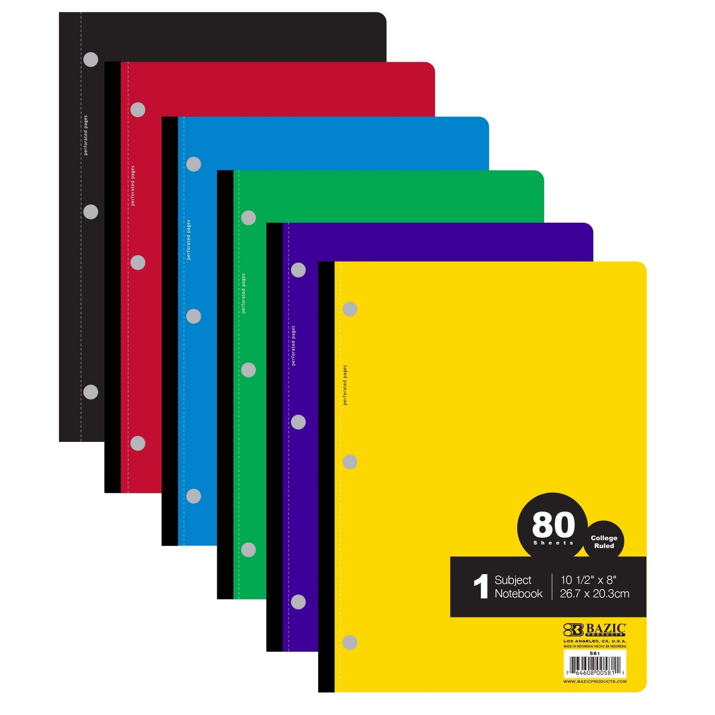 BAZIC Products Notebook College Ruled 1 Subject 80 Sheets Wireless Notebooks, Lined Composition Book, Assorted Color, 6-Pack