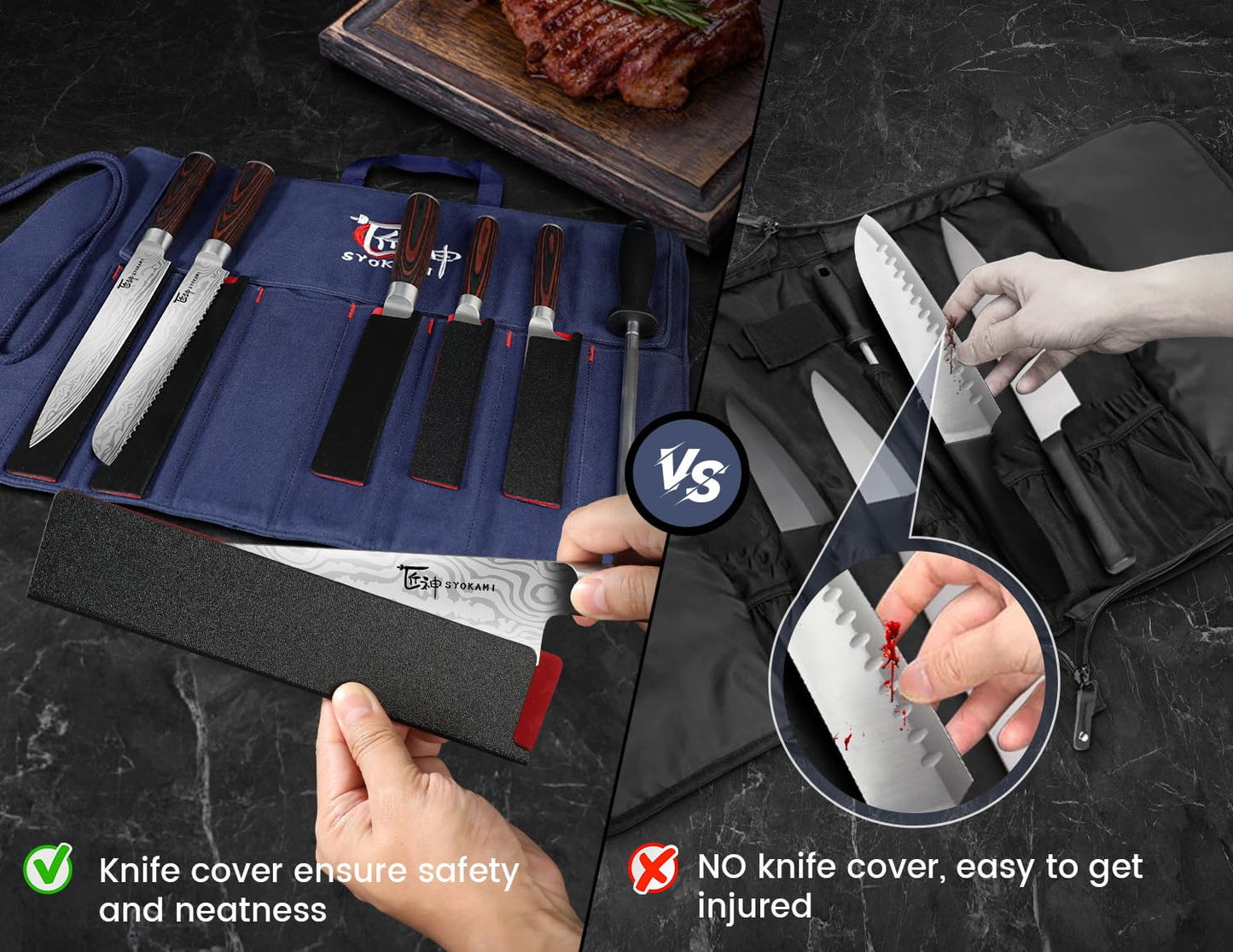 SYOKAMI 14pcs Chef Knife Set with Roll Bag, Professional Stainless Steel Japanese Knife Set with Pakkawood Handle for Professional Chef, Camping, Travel, BBQ, RV or Gift