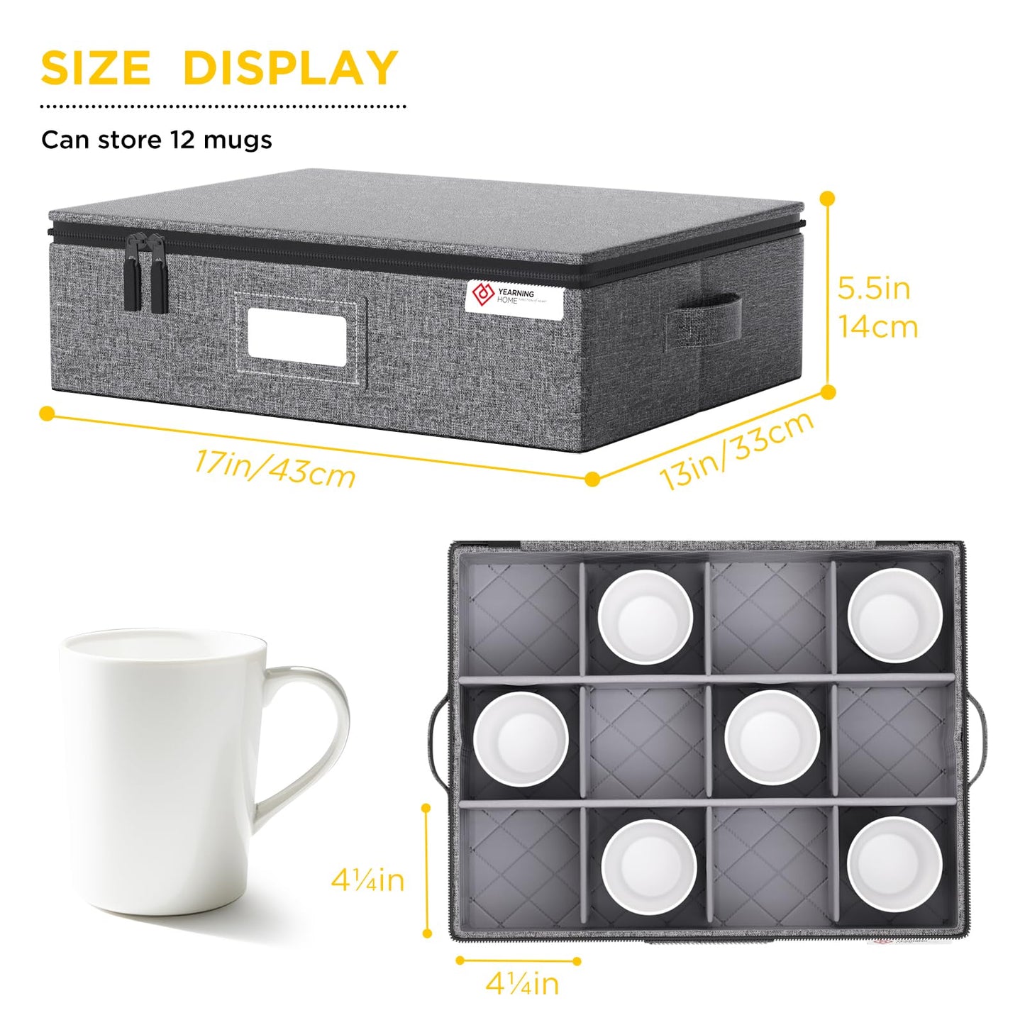 YearningHome Cup and Mug Storage Box with Hard Shell and Dividers for Coffee Mugs,Tea Cups and Glasses,Stackable Storage Organizers with Lid,Handles,Zips and Lable for Moving,Holds 12,2 Pack, Grey