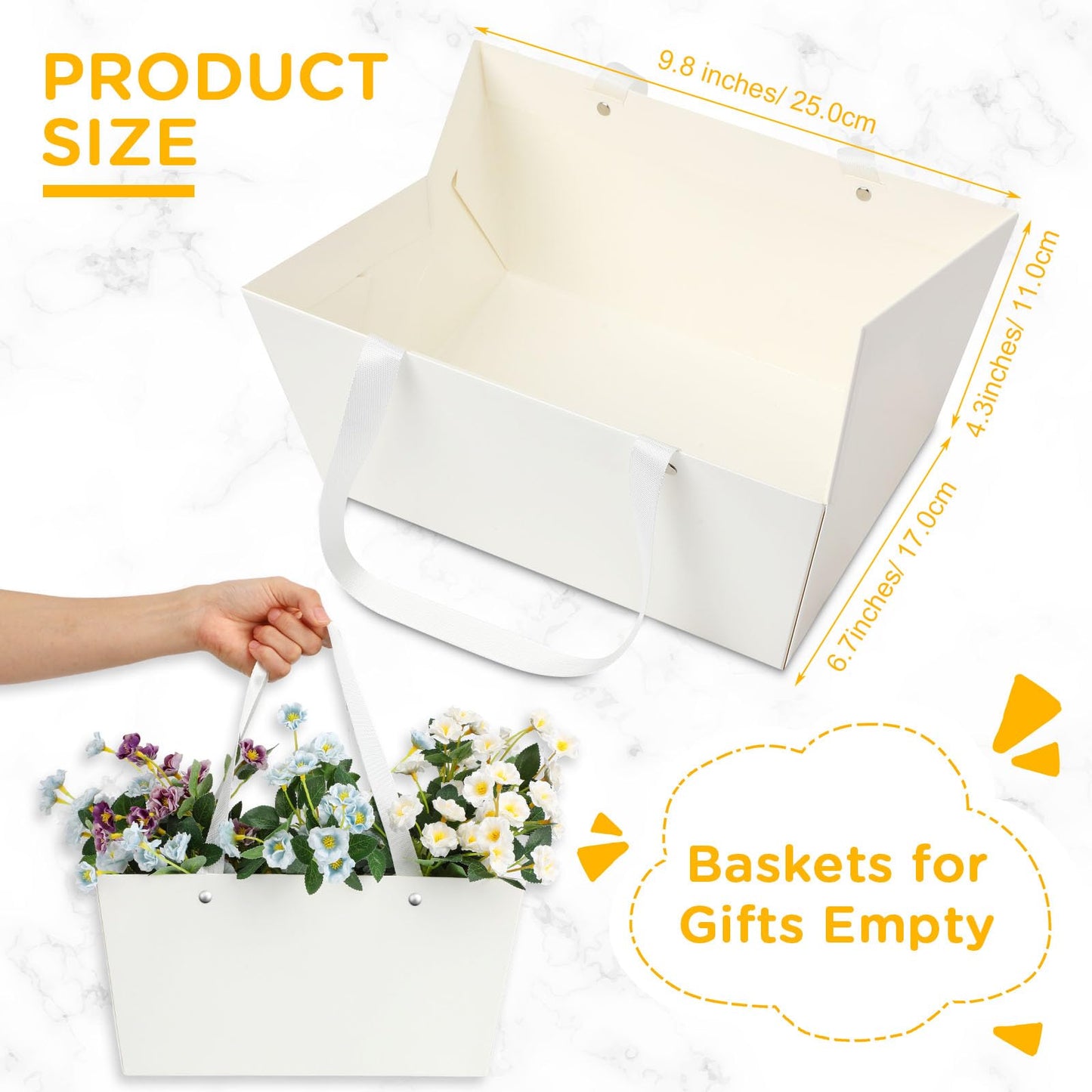 Tuanse 30 Pcs Basket for Gift Empty DIY Bulk Gift Basket Kit with Handle Kraft Cardboard Tray with 30 Bag 30 Bow Market Tray for Wedding Party(White,9.8 x 6.5 x 4.3 in)