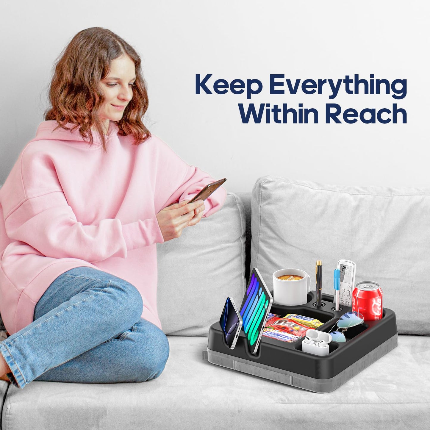 Couch Cup Holder Tray Couch Cup Holder Pillow Bed Tray Snack Sofa Bed Caddy Organizer Beach Sofa Drink Holder Anti-Spill Portable Snack Caddy Couch Remote Holder for Phone Pad Kindle Beverage Black