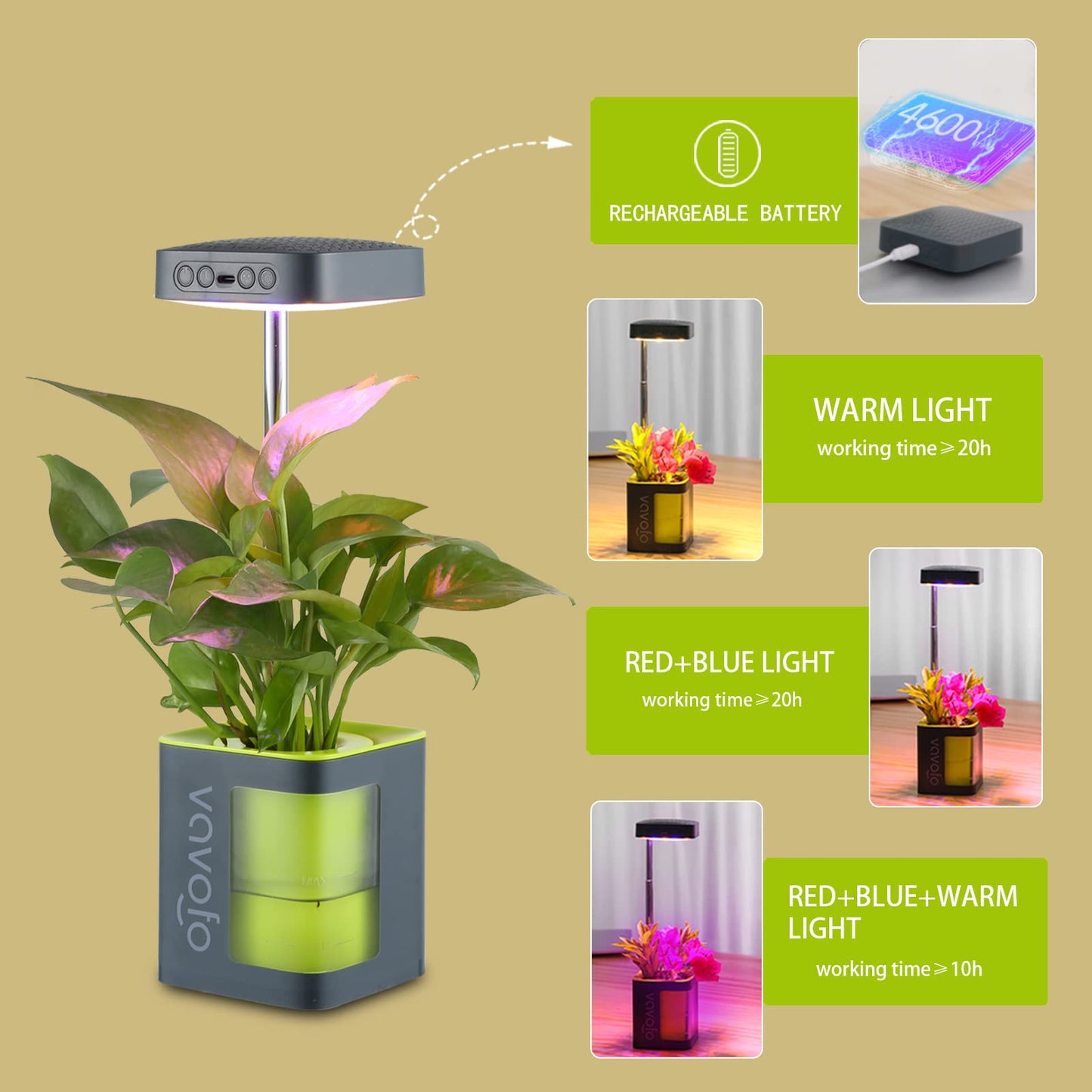 VAVOFO Plant Light for Indoor Plants Rechargeable Mini Grow Light with Planter, Full Spectrum, Height Adjustable, Automatic Timer, DIY Various Small Planting,Green