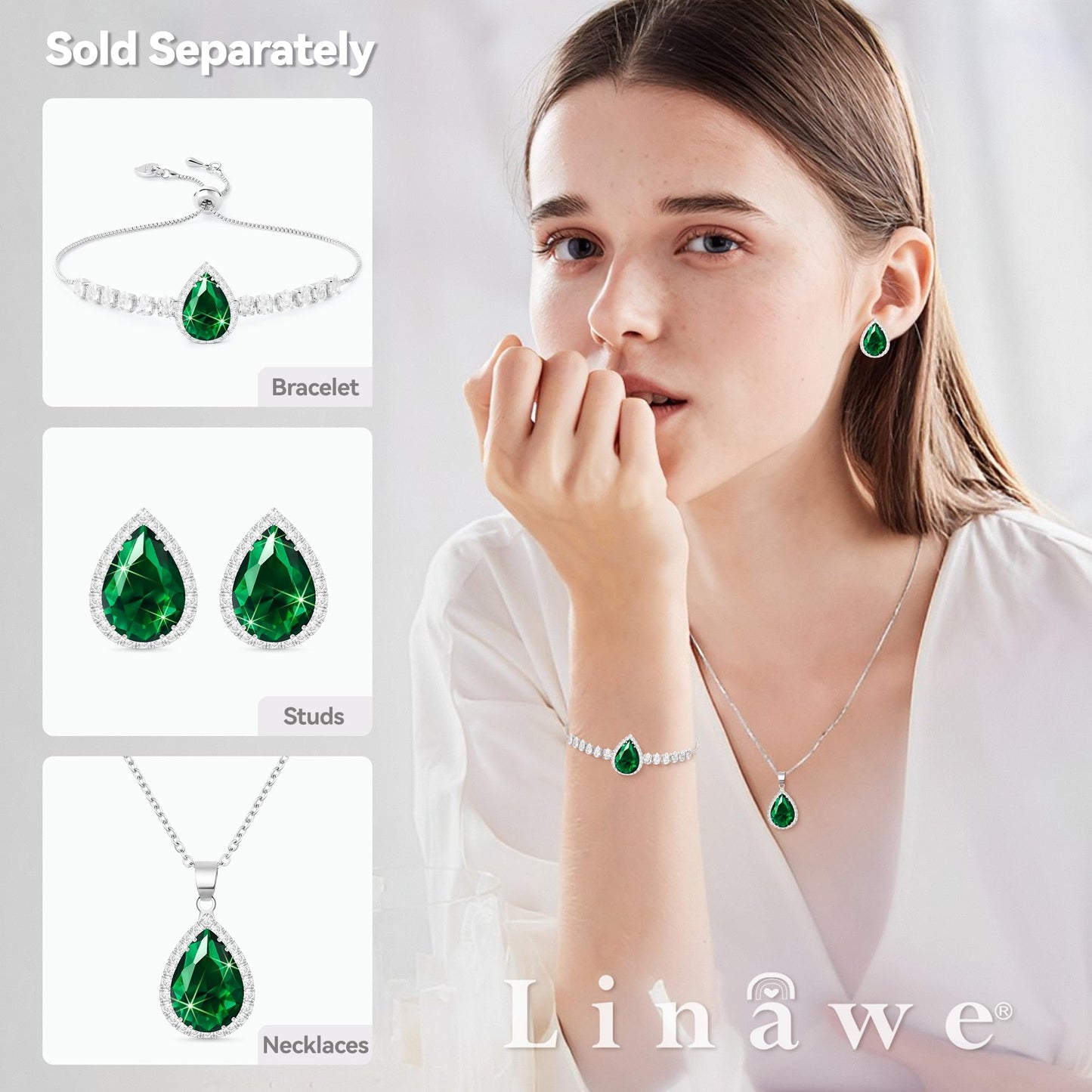 Linawe Silver Emerald Green Stud Earrings, Imitation Diamond Cubic Zirconia Earrings Studs Women, Teardrop Rhinestone Crystal Formal White Gold Earring Set Wedding Bridal Bridesmaid