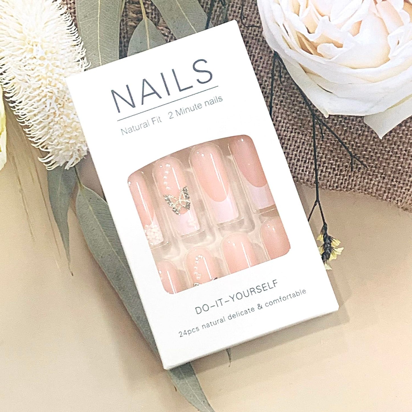 FIEONCIY Press on Nails Long Coffin Shaped Acrylic Glossy Full Cover Long Square French False Nails with Designs Artificial Extra Long Fake Nails with Charms Glue ons Fingernails for Women(DZ1618)