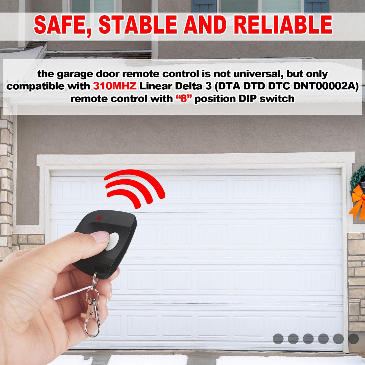 Kingdder 6 Pcs 8 Dip Switch 310mhz Garage Door Remote Compatible with Linear Delta 3 (DT DTA DTD DTC DNT00002A) Gate Opener Remote with Keychain (Black,White Button)