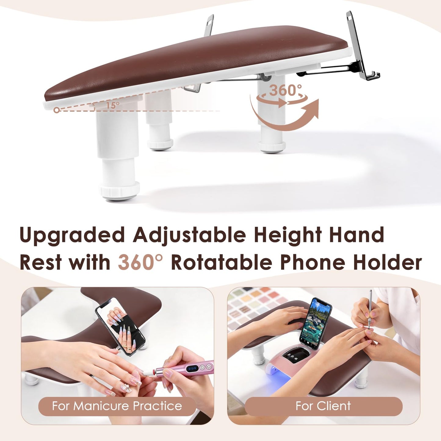 LIONVISON Arm Rest for Nails Tech: U Shaped Adjustable Height Ergonomic Nail Hand Rest Stand PU Leather with Rotating Phone Holder for Nail Salon Manicurist (Brown)