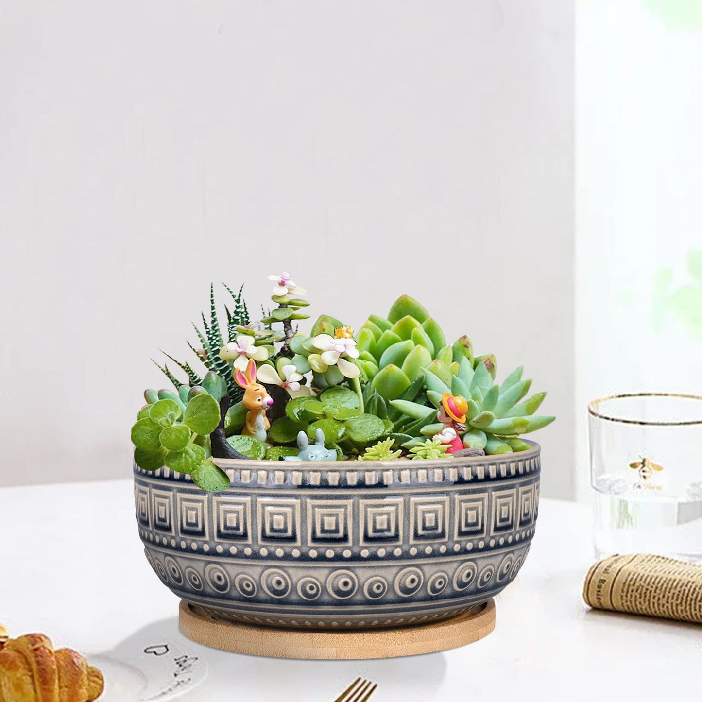 G EPGardening 8+10 Inch Ceramic Succulent Planter Pots Round Shallow Bonsai Planter Pot for Indoor Plants with Drainage and Plant Saucer