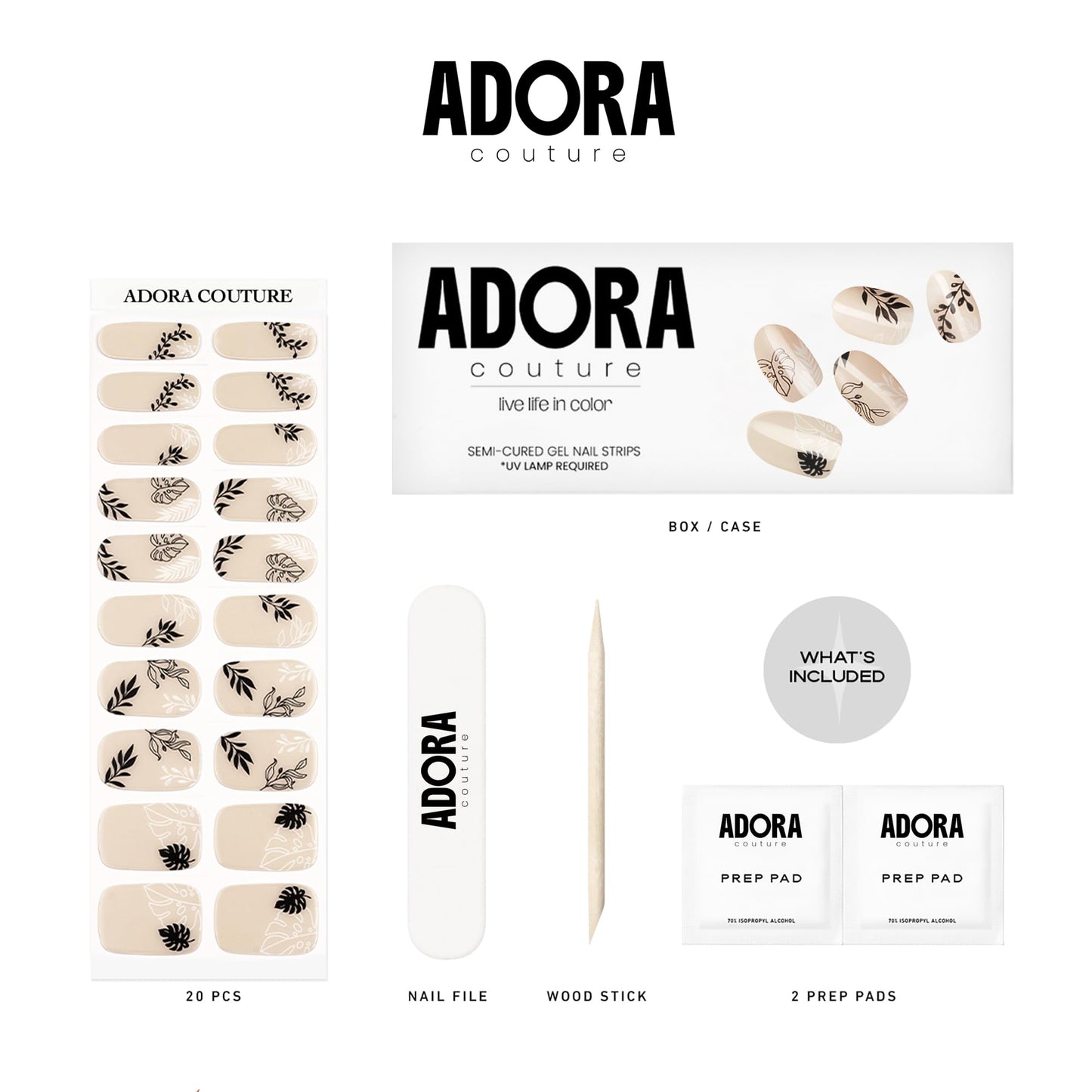 Semi-Cured Gel Nail Strips - 20 Salon-Quality Gel Sticker with UV Light Required, Long Lasting, Easy Application & Removal, Includes Prep Pad, Nail File, Wooden Stick (Latte Leaves)
