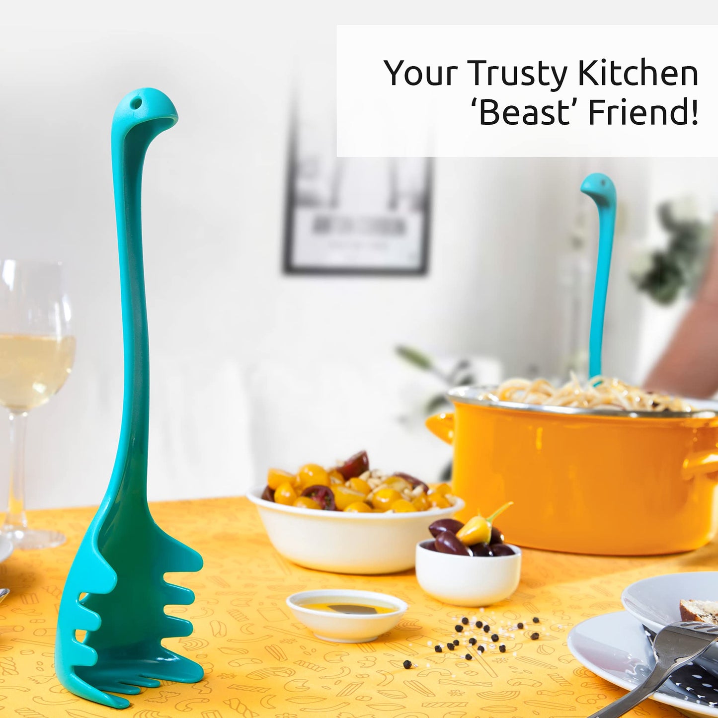 OTOTO Papa Nessie Pasta Server, Spaghetti Spoon - Food Grade & BPA Free Pasta Spoon Server - Dishwasher Safe & Heat Resistant Spaghetti Server, Pasta Fork 11.22x3.35x2.17 in