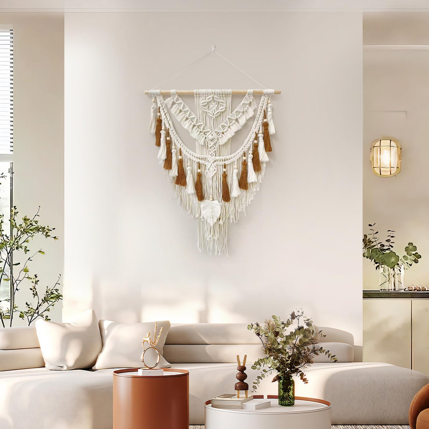 lokeisna Macrame Wall Hanging, Woven Tapestry Beige & Dusty Rose Handmade Craft Macrame Wall Room Decor, Gallery & Nursery, Size 37.4” Lx27.5” W