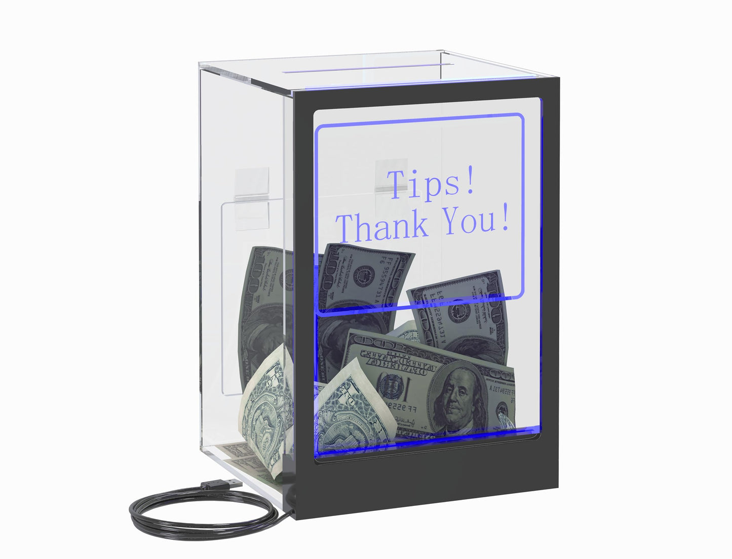HEMYLU Tip Jar with 2 Sign Holders, LED Light & Lock for Bar & Party, Donation Box with Sign Holder ''Tips! Thank You!'', Suggestion Box with DIY Blank Sign Holder for Getting Cards, Voting & Ballots
