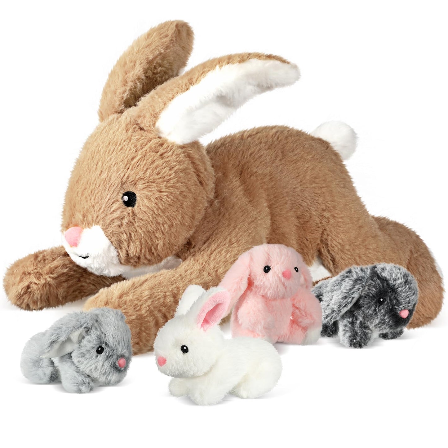 Syhood 5 Pieces Bunny Stuffed Animals Plush Set Easter Gifts Mommy Bunny Plush Doll with 4 Babies Cute Fluffy Rabbits in Mommy Stuffed Rabbit for Huggable Sleeping Holiday Birthday