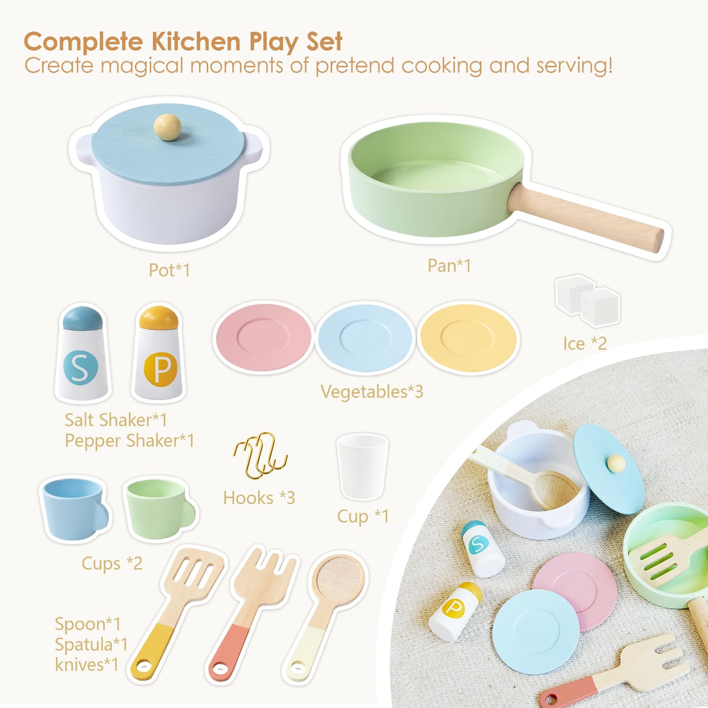 Wooden Play Kitchen for Kids with Ice Maker — Small White Pretend Kitchen Set with Sink, Stove, Oven & Microwave, Utensils and Storage, Montessori Role-Play Toy, Gift for Toddlers Ages 3+