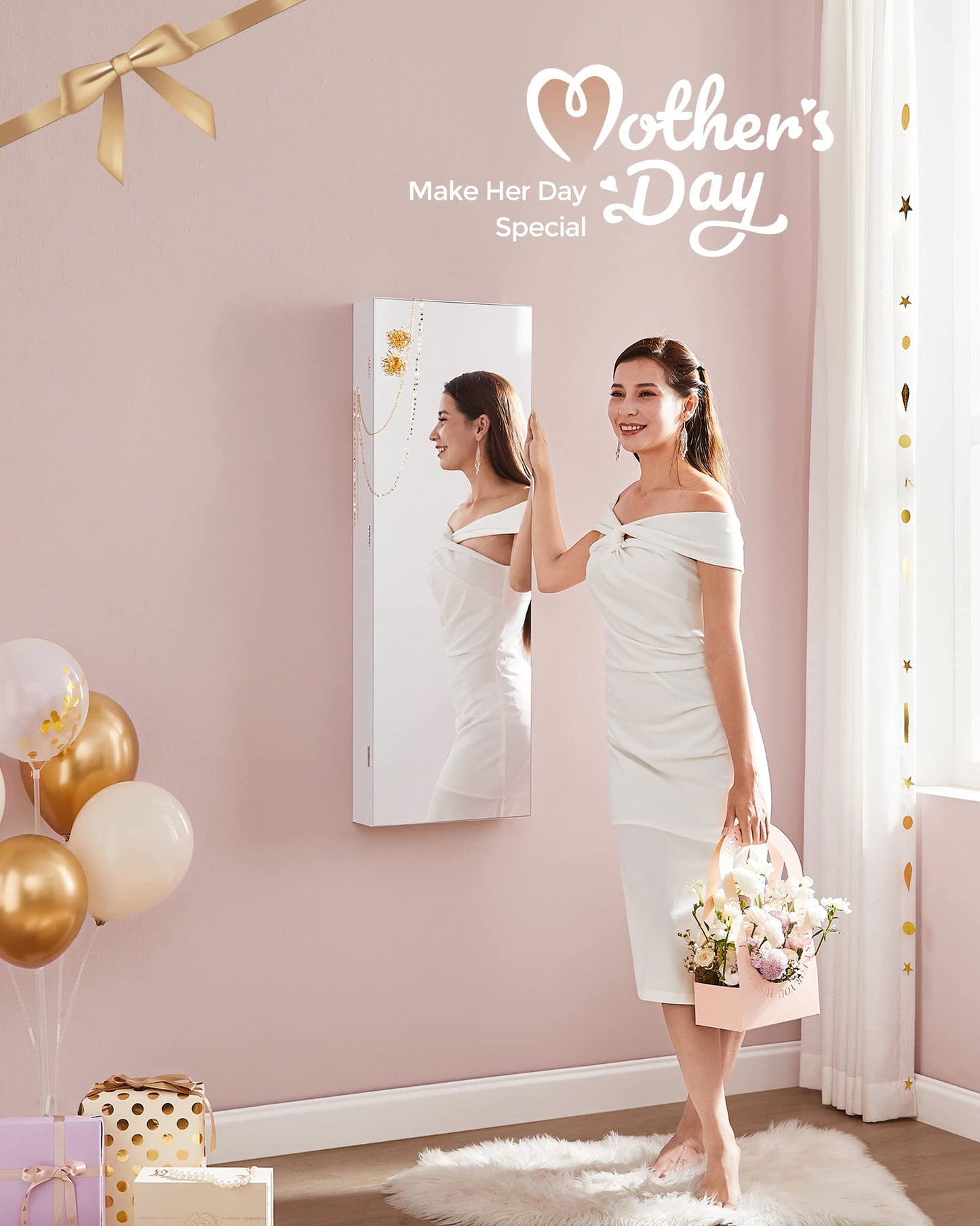 SONGMICS Hanging Jewelry Cabinet, Wall-Mounted Cabinet with LED Interior Lights, Door-Mounted Jewelry Organizer, Full-Length Mirror, Gift Idea, White UJJC99WT