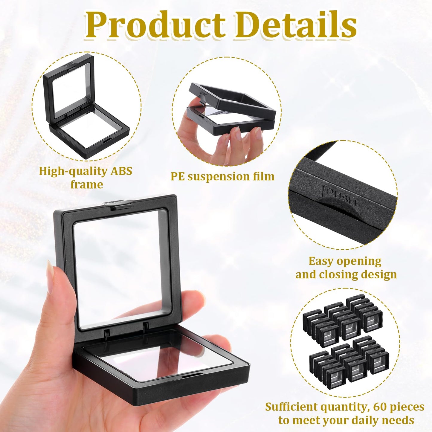 LIQWEI 60 Pcs 3D Floating Display Case, Coin Display Case Black, 2.8 x 2.8 x 0.8 Inch Coin Frame Display-Holder Stands 3D Floating Jewelry Frame for Jewelry Shells Specimen Pins