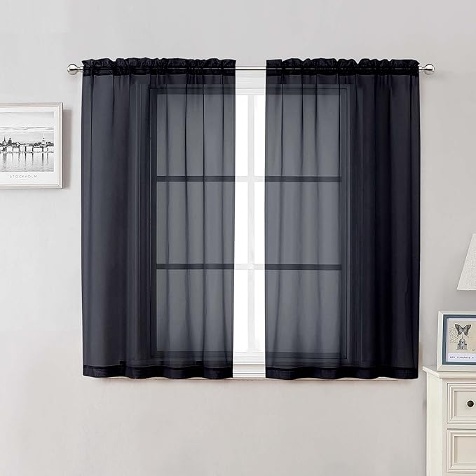 Lecloud Black Sheer Curtains 48 Inch Length 2 Pcs, Light Filtering Bedroom Curtains for Living Room Window Treatments, Rod Pockets Voile Drapes for Bathroom Basement, Each Panel 42" W x 48" L