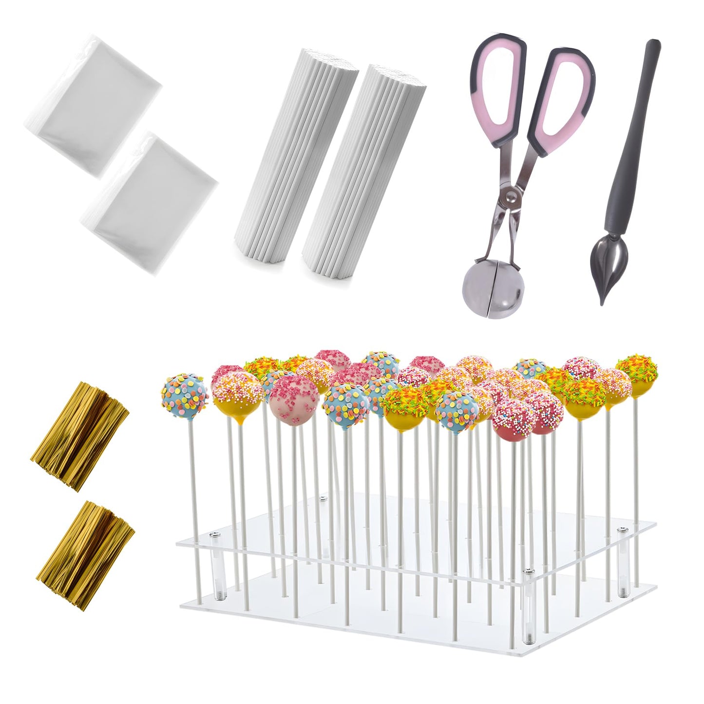 Cake Pop Kit Including 200 pcs 6 inch Lollipop Sticks and 200 Clear Wrappers, 35 Hole Clear Acrylic Display Stand, Metal Baller Scoop, Culinary Decorating Scooper, 200 pcsTwist Ties