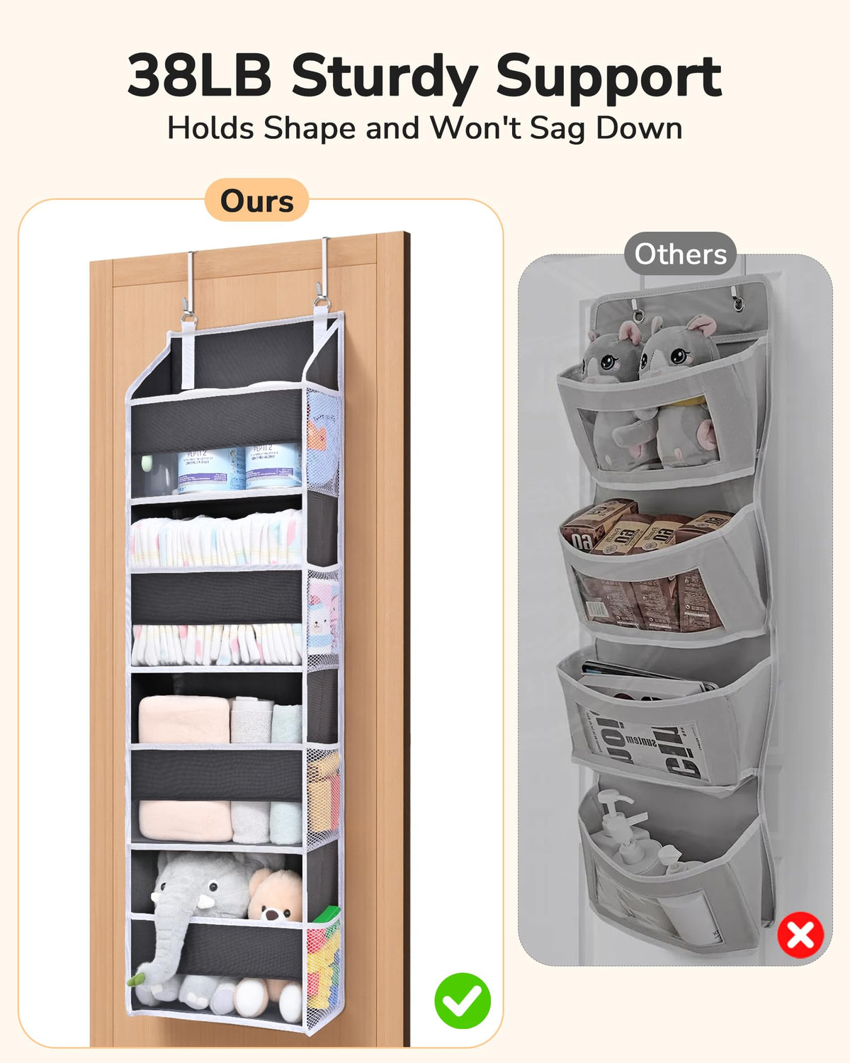 1 Pack Small Over Door Organizer with 4 Large Pockets 8 Mesh Side Pockets
