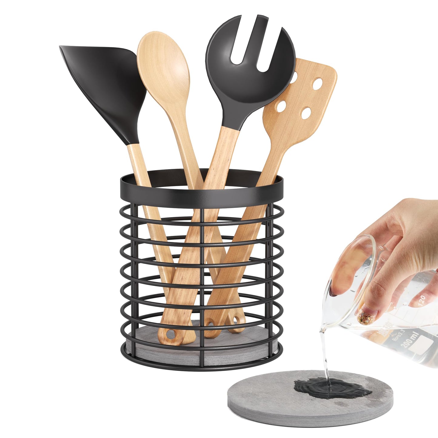 DTONIMA Utensil holder - Large Round Utensils Holder with Diatomaceous Base Matte Black Cooking Utensil Holder,Kitchen countertop Utensil Organizer (Metal)