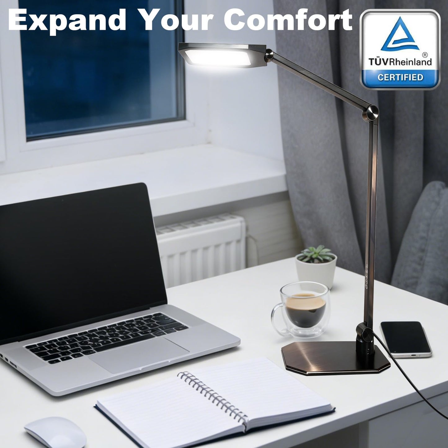 NS Eye-Caring LED Desk Lamp, 3 Color Temperature Dimmable Office Light with Memory Function & Timer, Adjustable Metal Clamp Lamp for Home Office, Reading, Studying.Batteries not Included.