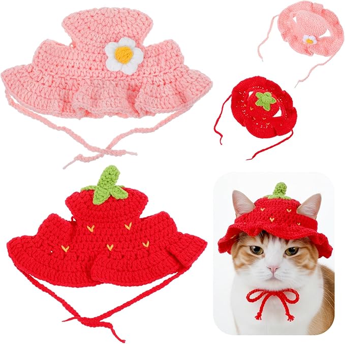 Matwsec 2PCS Strawberry Cat Hats Cute Flower Crochet Hats for Cats
