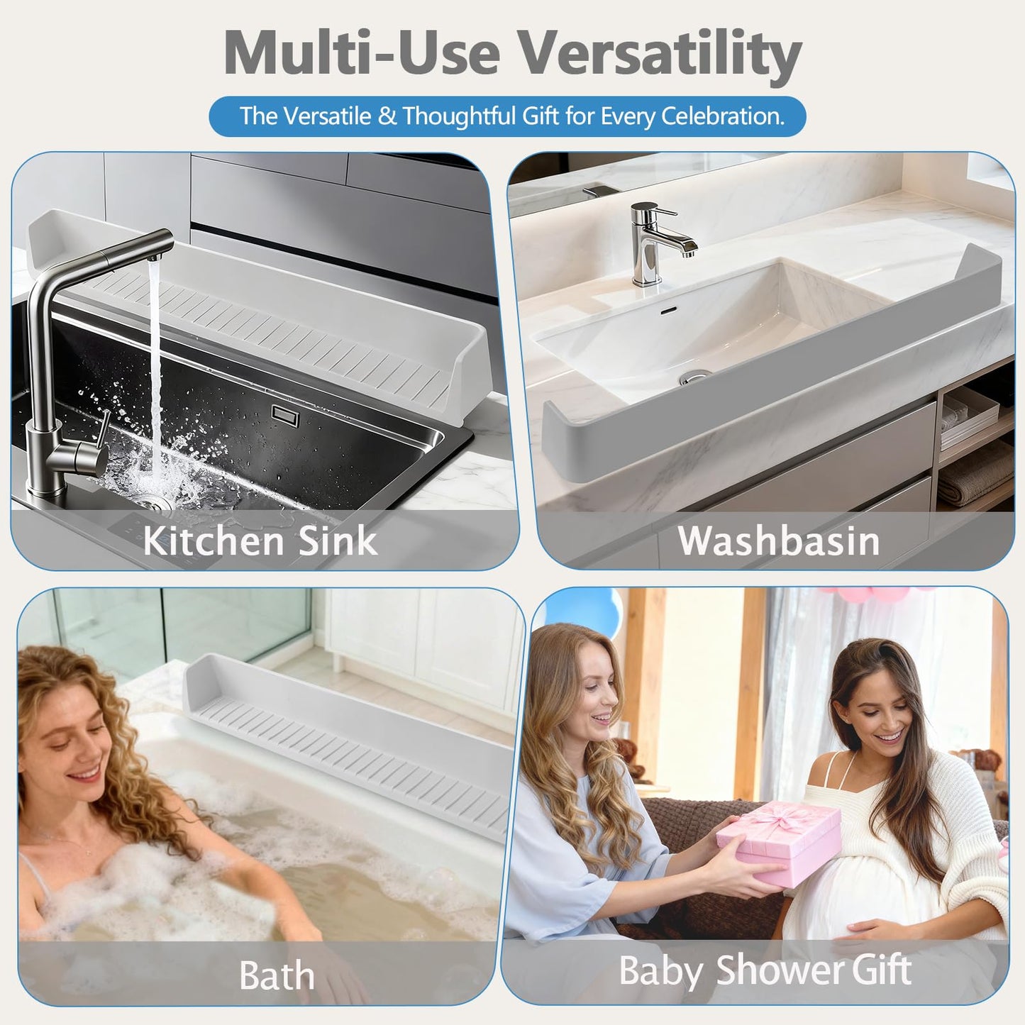 Akrelyan 31.5" Bathtub Splash Guard for Tub Kids, Silicone Splash Shield with 11 Suction Cups, Toy Tray Shelf, No Spill Water Barrier, Prevents Mess, Fun Bathtime for Toddlers Baby–Gray