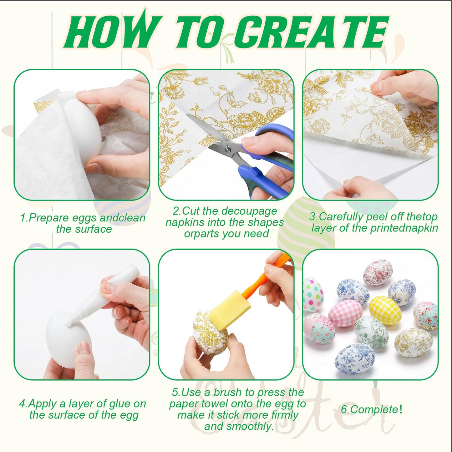 Gemscream 82 Pcs DIY Easter Unfinished Egg Decoupage Craft Include 24 White Eggs 50 Decoupage Napkins 5 Glues 3 Sponge Brushes Easter Decorations Party Favors for Craft Activities Family Party