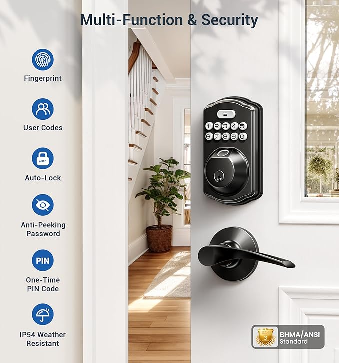 Veise Fingerprint Door Lock with 2 Lever Handles - Keyless Entry Door Lock, Electronic Keypad Deadbolt, Digital Smart Code & Front Handle Sets, Auto-Locking, Easy Installation, Matte Black