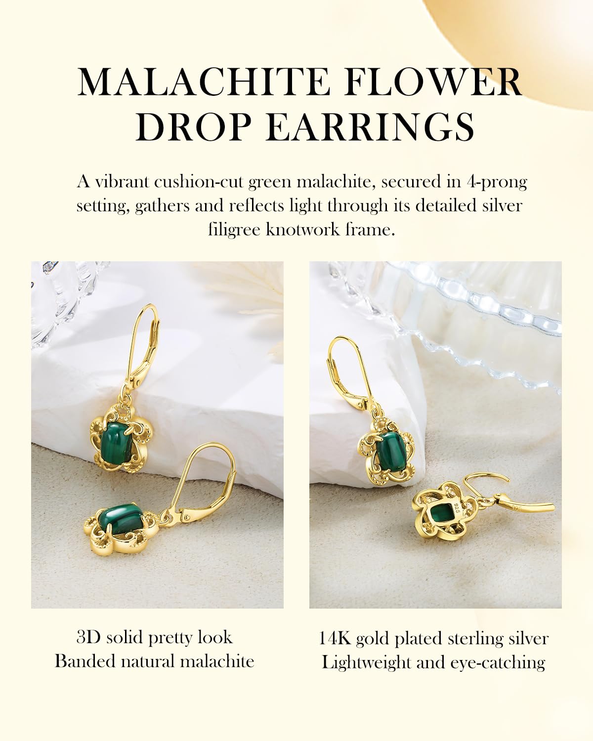 AIBAO Malachite Dangle Earrings for Women Cushion Shaped Green Crystal Flower Drop Earrings Western Boho Jewelry Sterling Silver Malachite Earrings Dangling