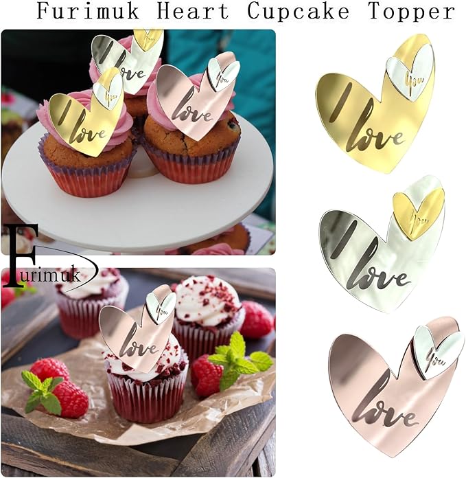 24 Pcs Love Heart Acrylic Cupcake Topper Cake Decoration Disc Mirror Acrylic Cake Topper Engraved Personalized Cake Topper for Valentine's Day Wedding Mother's Day (24, Gold Silver Rose)