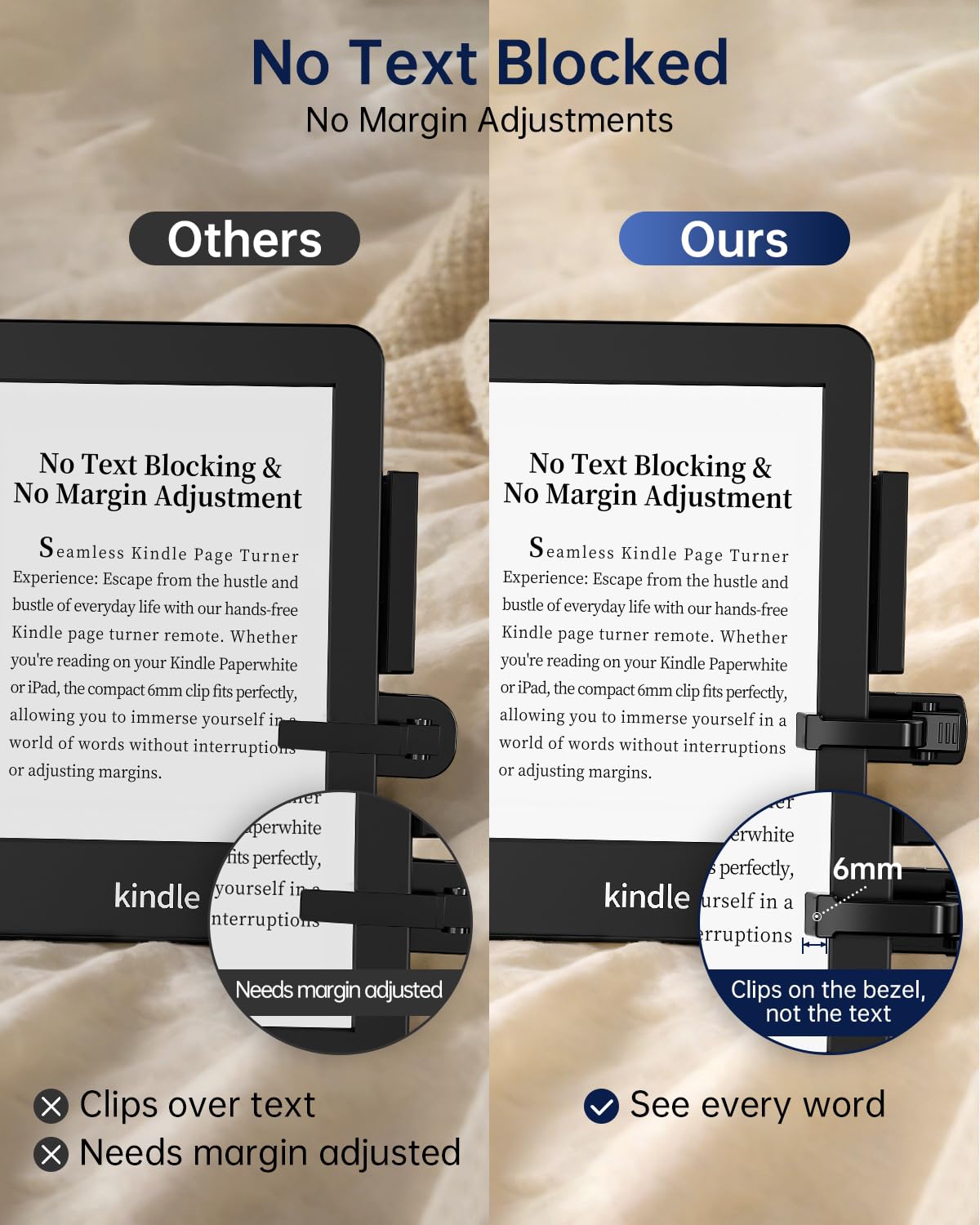 Kindle Holder with Remote Page Turner, Kindle Stand for Bed Reading, No Text Blocked 6mm Clip, No Margin Adjustments, Whisper-Quiet Page Turns, Fits 4.7-10" Devices (Paperwhite/Oasis, iPad/iPhone)