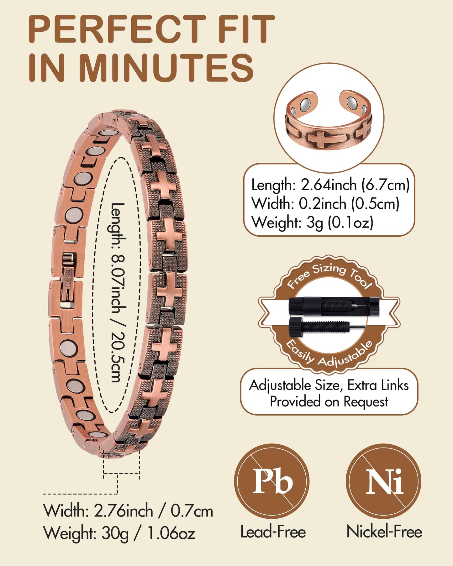 Feraco Solid Copper Bracelets & Rings for Women, Ultra Strength Magnetic Bracelet with 3500 Gauss Neodymium Magnets, Adjustable with Sizing Tool, Cross Jewelry