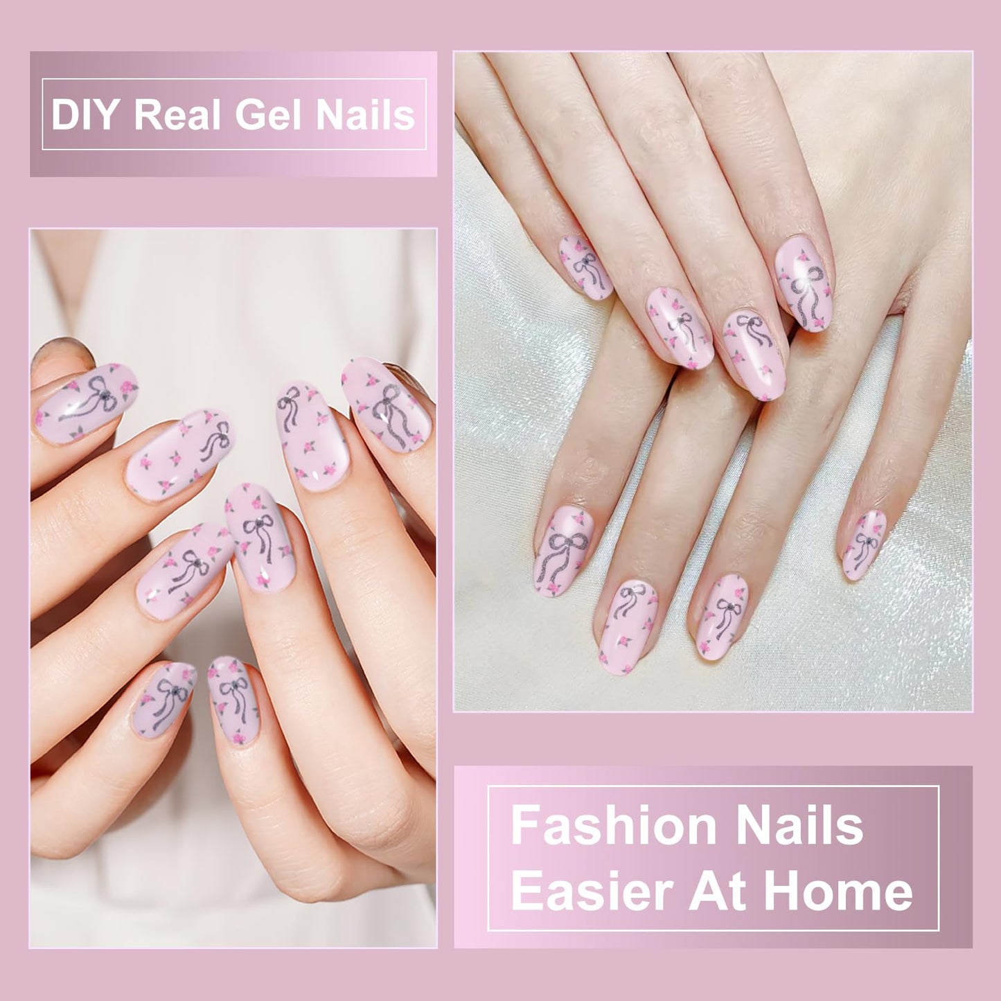 DUKASOU Semi Cured Gel Nail Strips,28 pcs Cute Bows Gel Nail Stickers with UV Light Required,Long Lasting Nail Art Stickers, Easy to Apply（Pink）