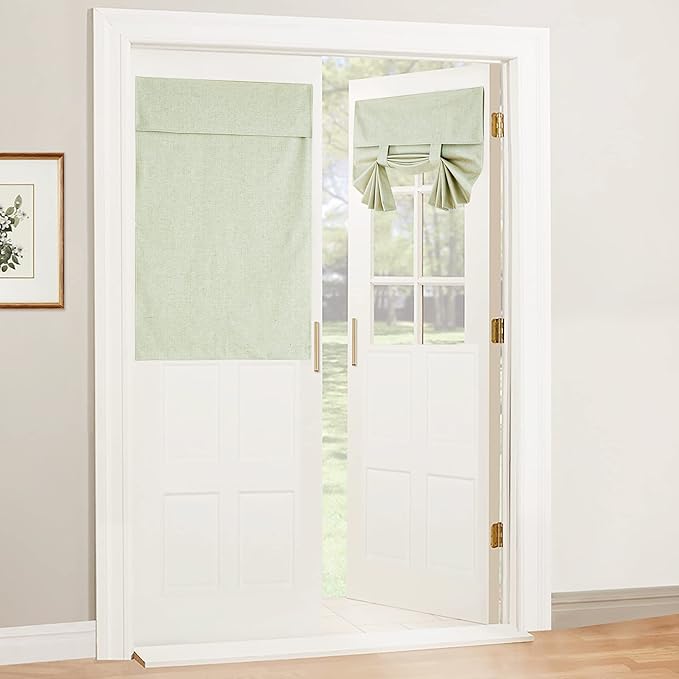 RYB HOME Blackout Door Window Curtains, Effortless Self-Ahensive Blinds Privacy 100% Blackout Linen Textural Front Door Curtains for Glass Window, W26 x L40 inch, Light Sage, 1 Panel