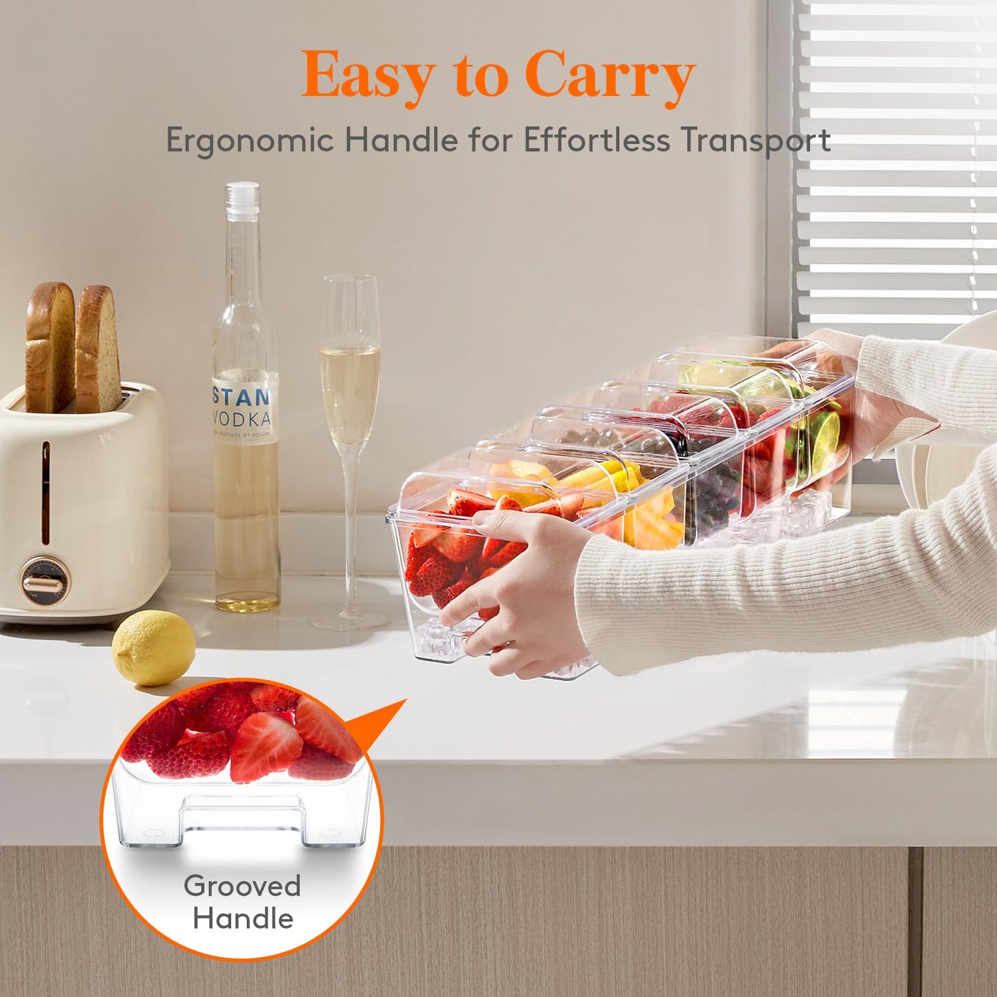Lifewit Ice Chilled Condiment Caddy with 5x 20 oz Containers, Condiment Server with Lid & Metal Accessories, Serving Tray Platter with Removable Dishes for Bar, Fruit, Salad, Taco, Party Garnish