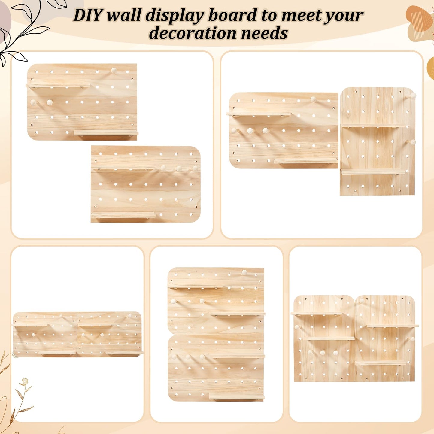 GLASSWINDS Wood Pegboard Wall Organizer Combination Kit, 2 Office Peg Board Panels with 18 Accessories, Modular Display DlY Storage Crafts Organization Wall Hooks Shelf for Bedroom Study Home