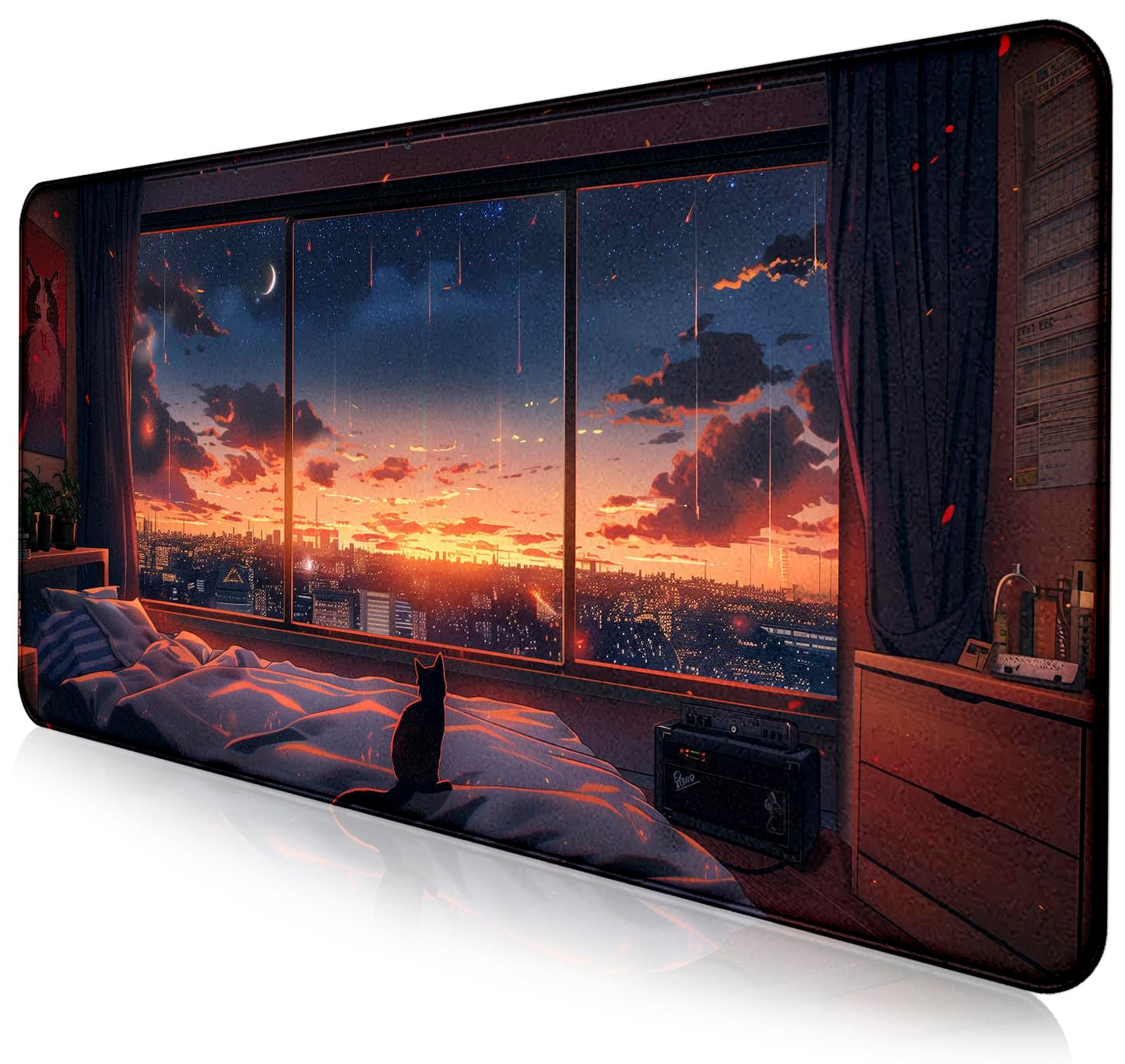 Anime Cat Fantasy Window Mouse Pad, Summer Mouse Pad Large Healing Night Scene, Game Table Pad XL Office Decoration Women's Laptop Keyboard Pad 35.4 x 15.7 x 0.12 Inches