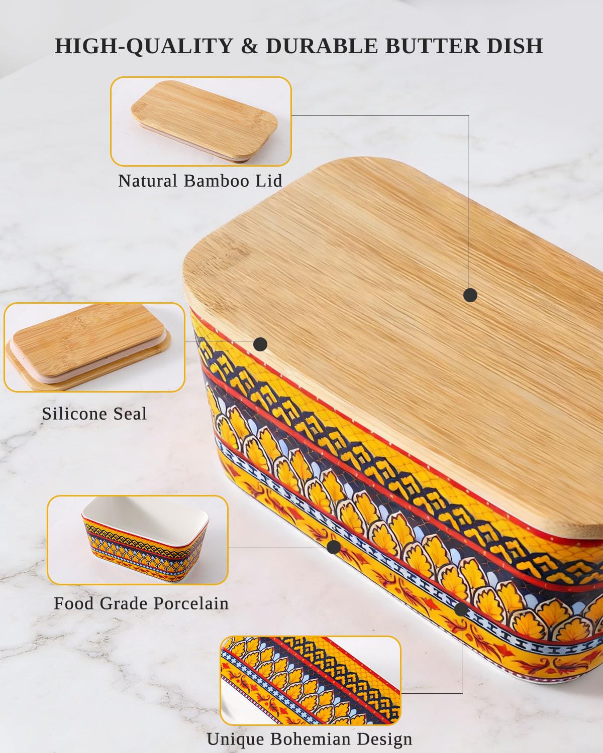 JINGUS Butter Dish, Large Ceramic Bohemian Butter Dish with Lid for Countertop, Airtight Butter Container Holder Keeper Box Storage with Bamboo Cover and Silicone Ring for East West Coast
