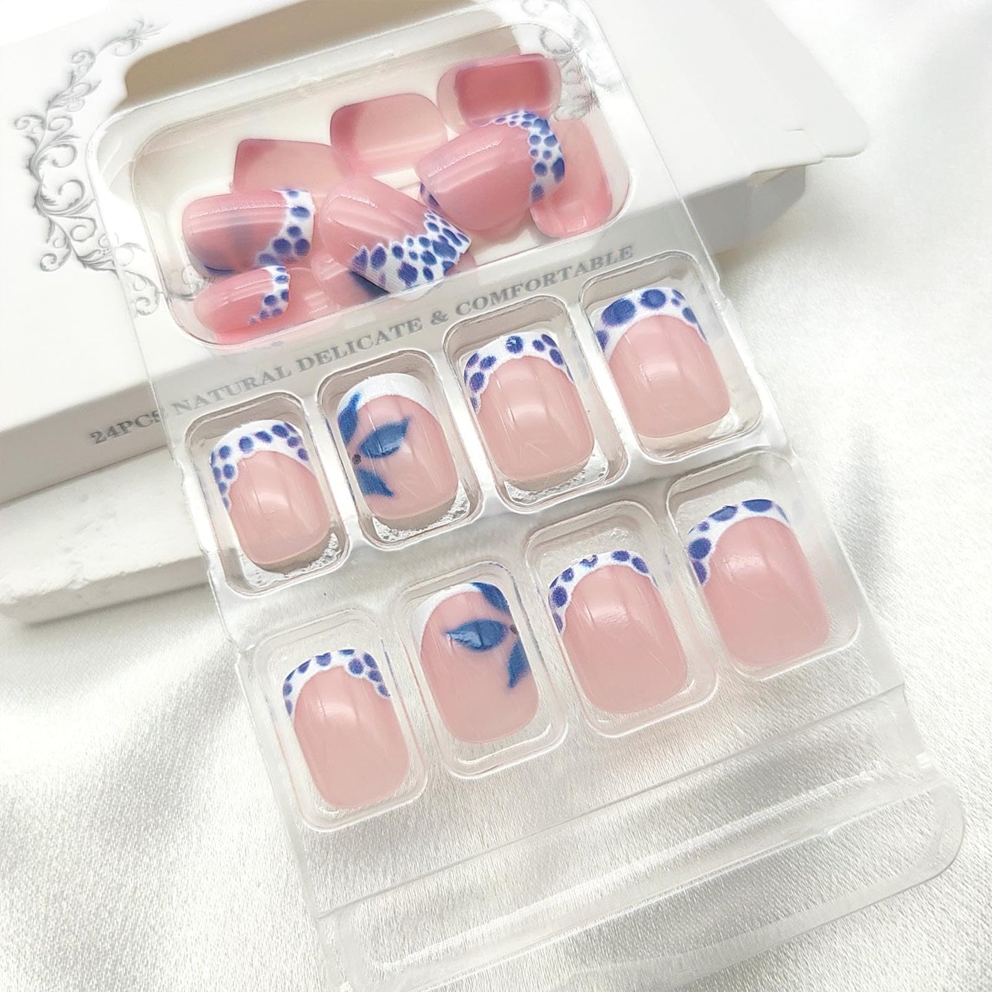 Blue French Tip Press on Nails Short Square Fake Nails with Flower Designs Summer Nails Press ons Glossy Glue on Nails White False Nails Spring Stick on Nails for Women 24Pcs