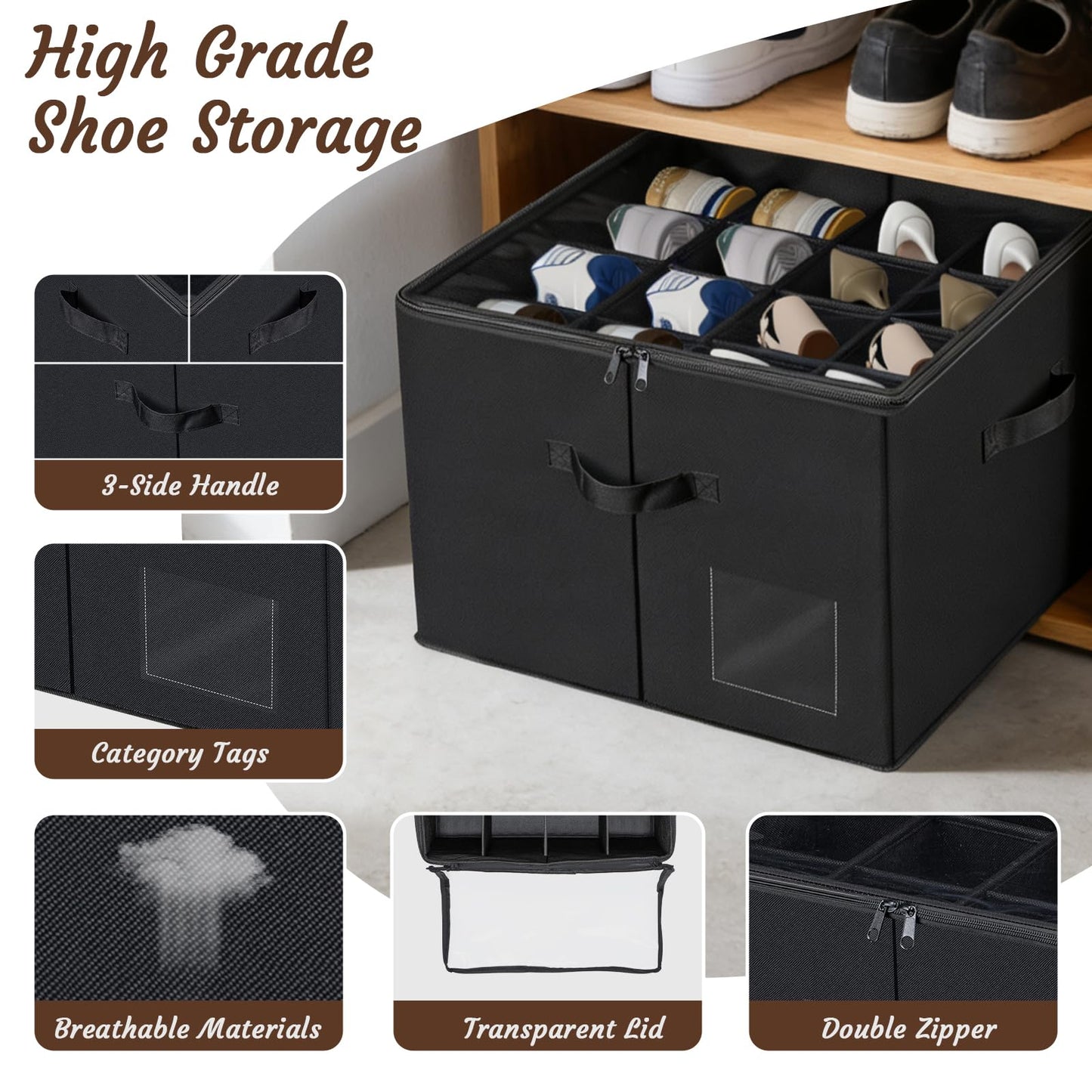 PAKISOU Shoe Storage Organizer, Fits 16 Pairs, Closet Shoe Box with Adjustable Dividers & Transparent Lid, Foldable Fabric Shoe Container with Handles for Space-Saving Shoe Storage (Black)