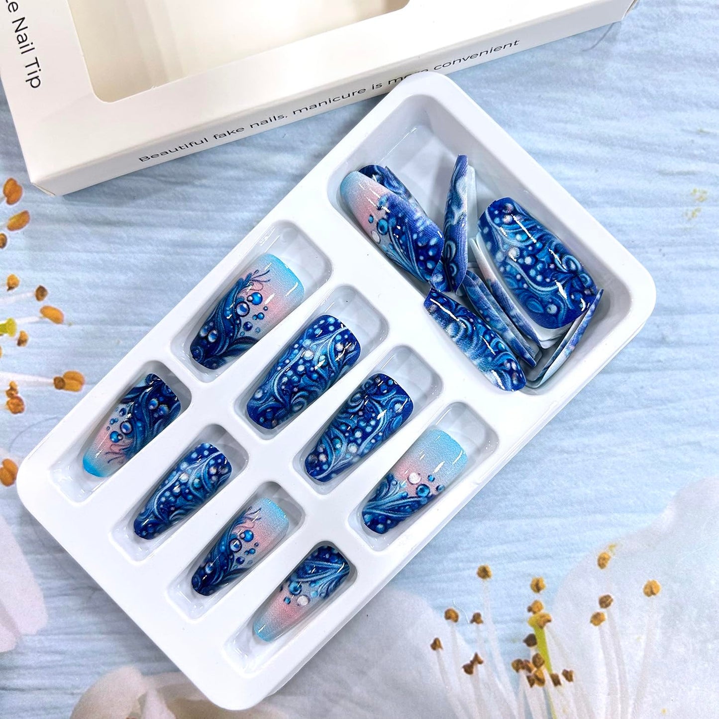 CJDLTS Blue Press on Nails Medium Ballet Shaped Blue Wave Pattern Design Gradient Acrylic Fake Nail Full Cover Glossy Artificial Stick on Nail Medium Press Ons Glue on Nails for Women 24Pcs