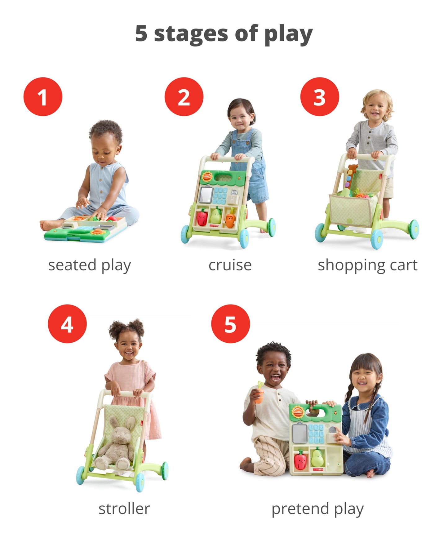 Skip Hop Baby Walker 5-in-1 Sit to Stand Convertible Light Up Walker with 50+ Activities for Developmental Play, Songs and Sounds 3 Adjustable Handle Heights and Speed Control Switch Farmstand Age 6m+