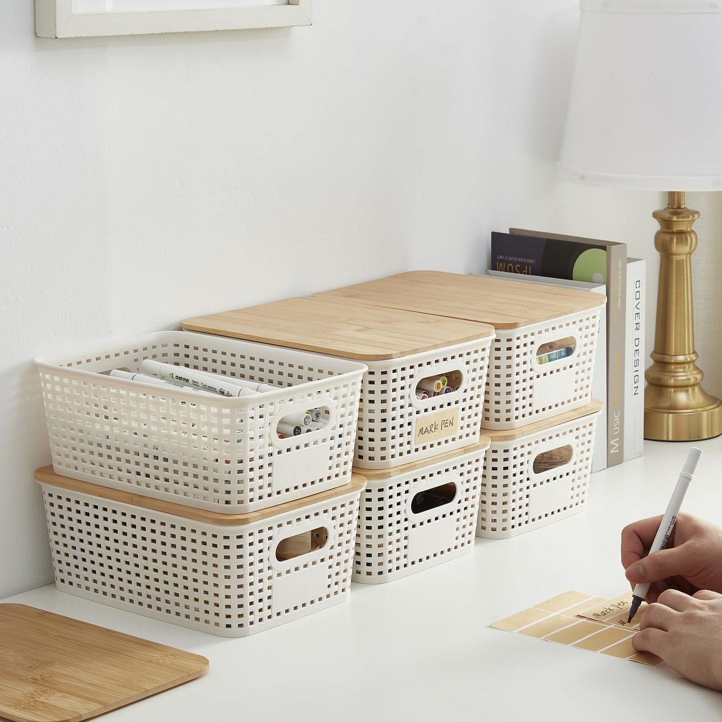 Bagnizer Small Plastic Storage Bins with Bamboo Lids 5.2qt Stackable Box Basket Pantry Decorative Containers Cute with Labels for Organizing Desktop Closet Office Cream White of 6 packs 10*7.2*4.1"
