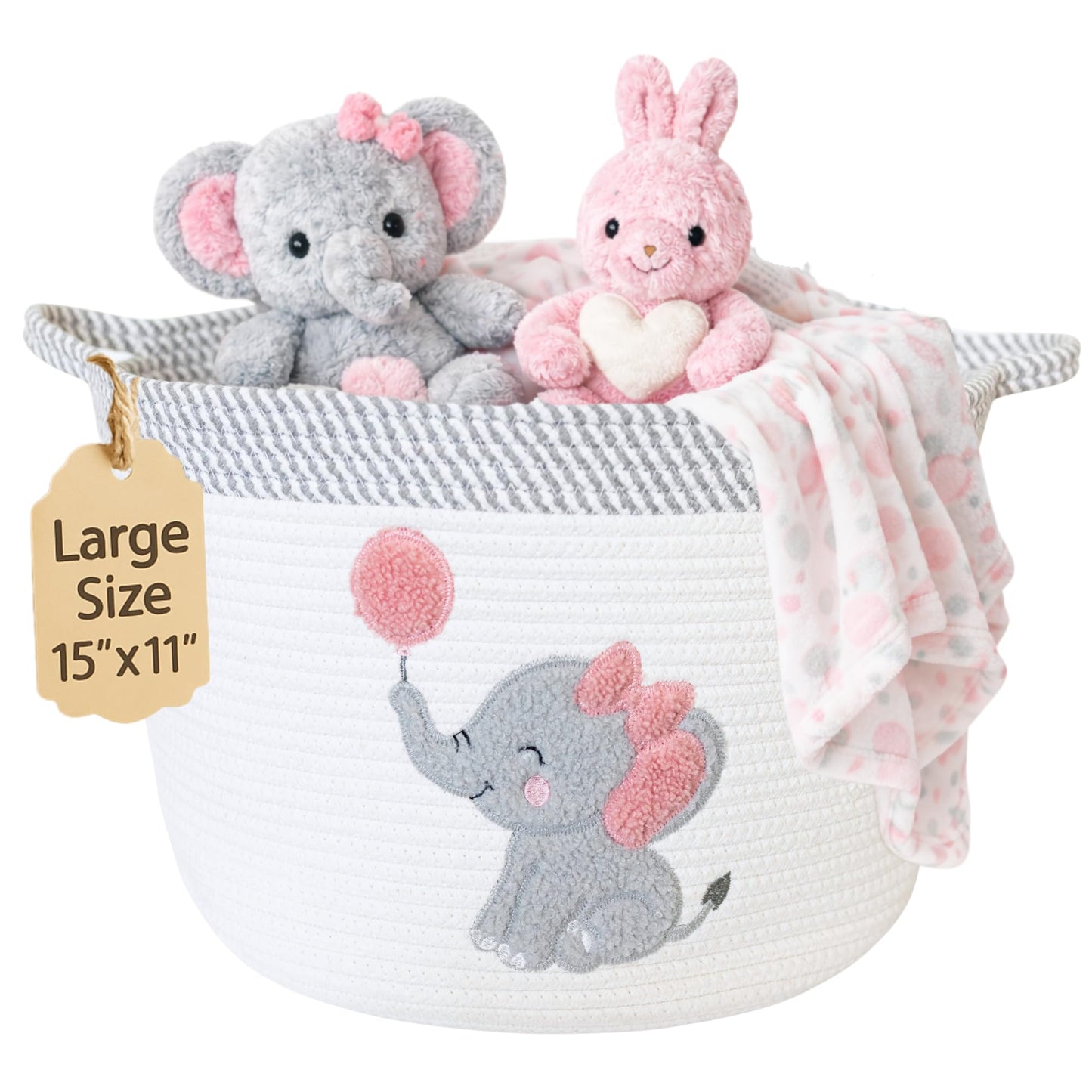 Elephant Storage Basket for Nursery – Large 15”x11” Cotton Rope Bin with Soft Felt Elephant Patch – Toy Organizer, Baby Laundry Hamper, Diaper & Towel Holder – Foldable, Washable & Baby-Safe
