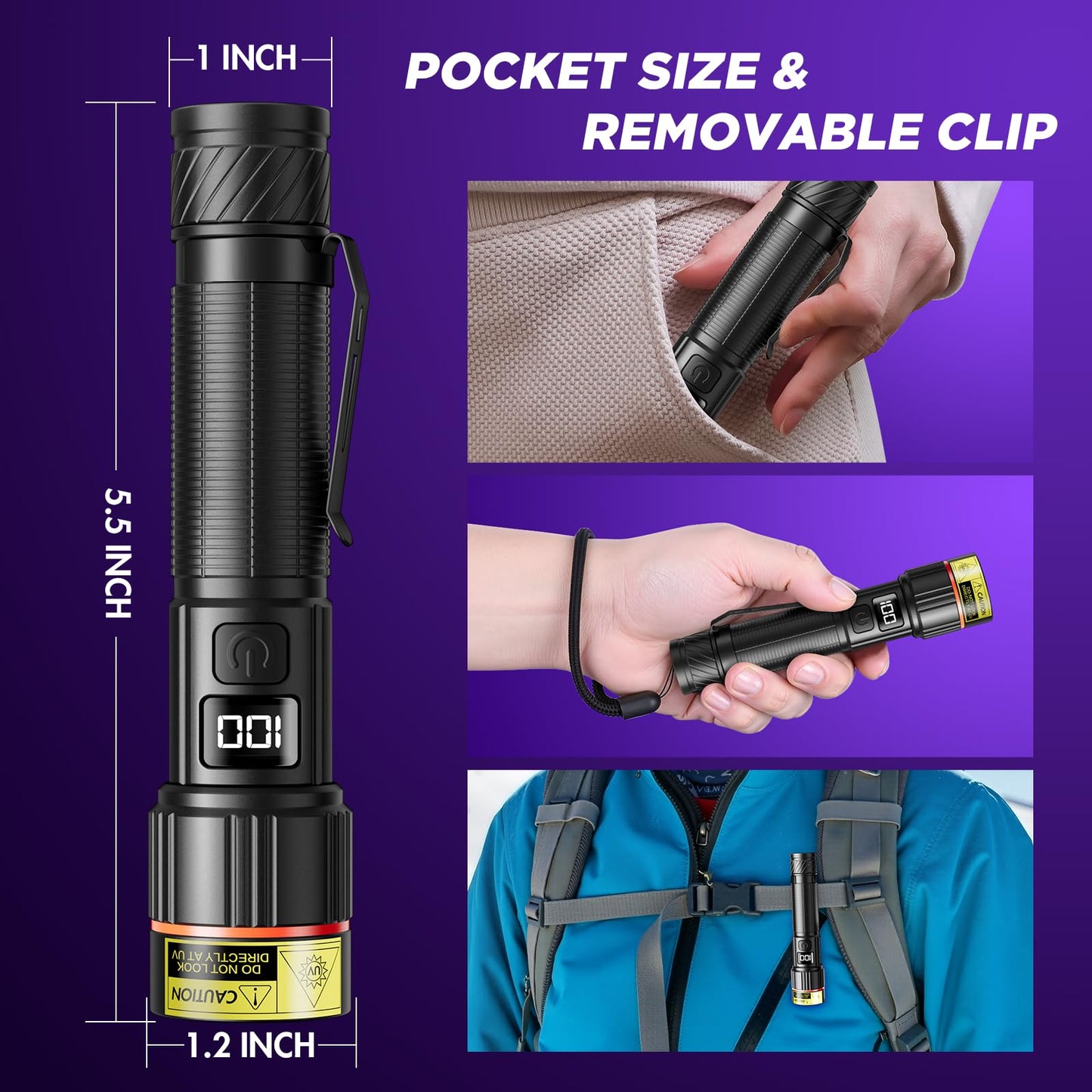 WdtPro UV Flashlight 395nm Super Bright, Rechargeable Black Light with LCD Display, IP65 Zoomable UV Light with Clip, Powerful Portable Blacklight for Pet Urine Stains, Scorpions, Resin Curing