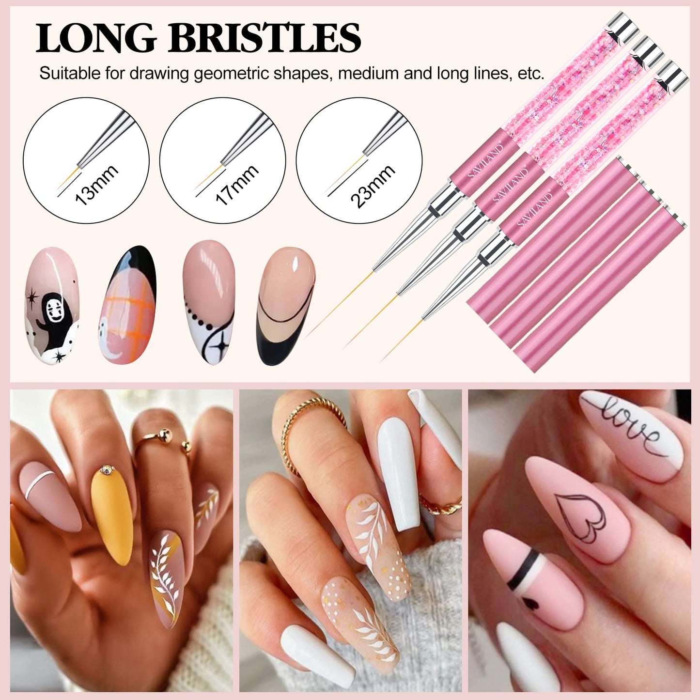SAVILAND 6pcs Nail Art Liner Brushes & 5pcs Multi-Size Dotting Tools Set - Nail Brush Gel Polish Painting Nail Art Design Brushes Pen with Crushed Diamond Rhinestone Handle for Pulling Lines