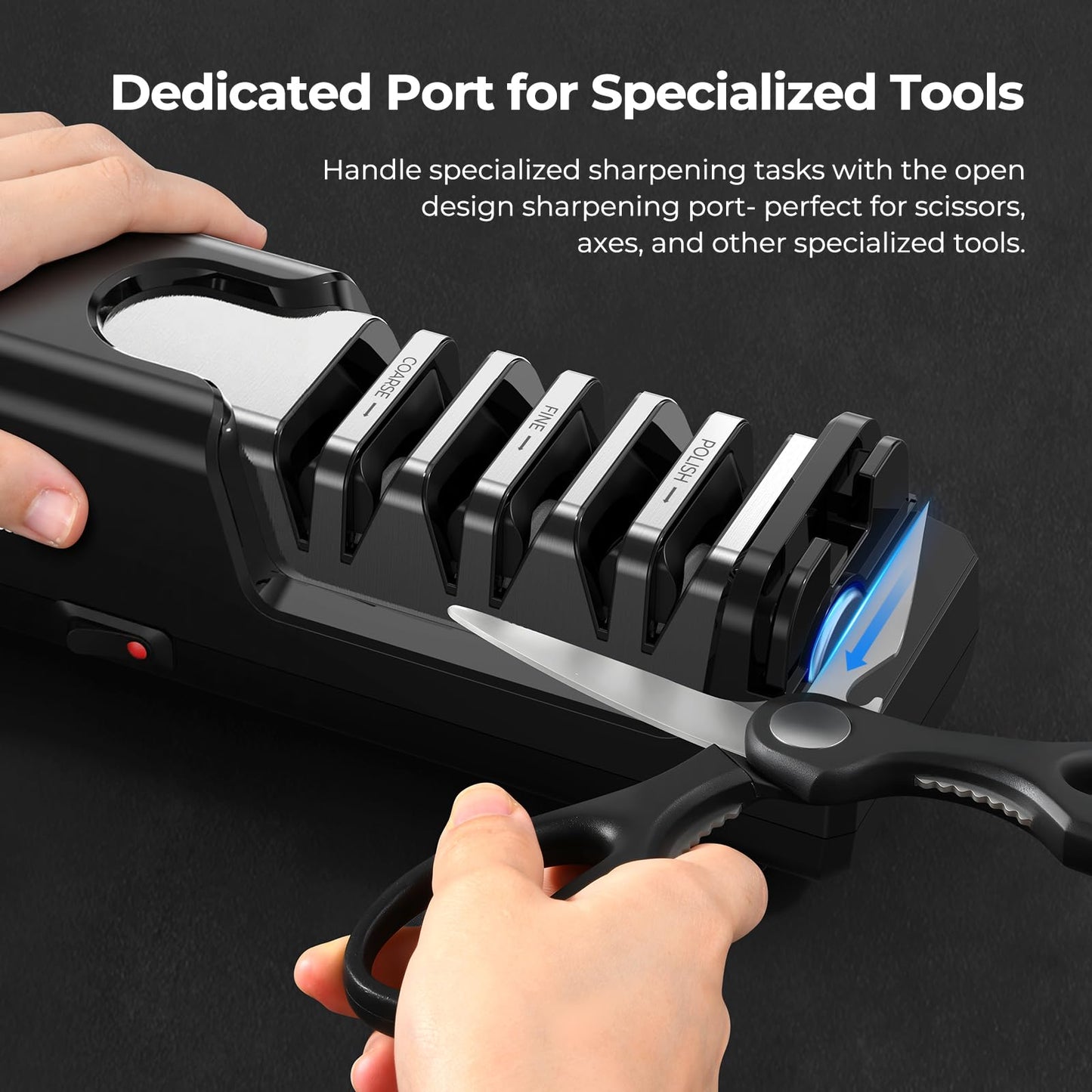 Dawnstar Electric Knife Sharpener, Precise 20° Diamond Knife Sharpener for Kitchen Knives, Quick Repairing in 40 Seconds, with Metal Dust Collection Box & Special Port for Scissors, Black