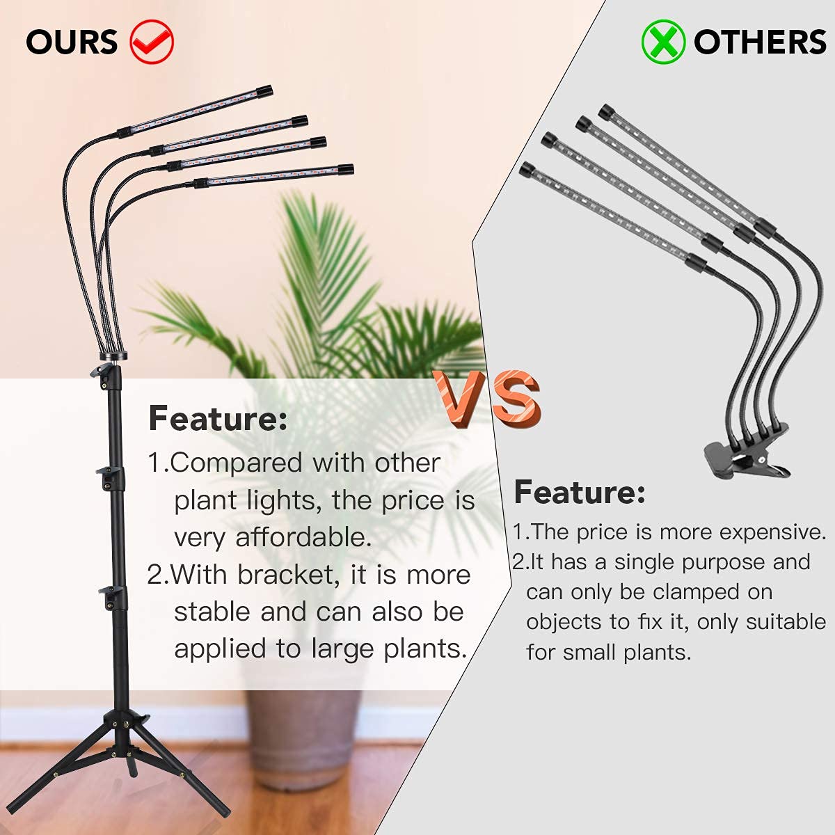 GHodec Grow Light with Stand, 5500K Full Spectrum Gooseneck Floor Plant Light for Indoor Plants Growing,5 Dimmable Levels & Auto On/Off Timer,Tripod Stand Plant Lamp Height Adjustable