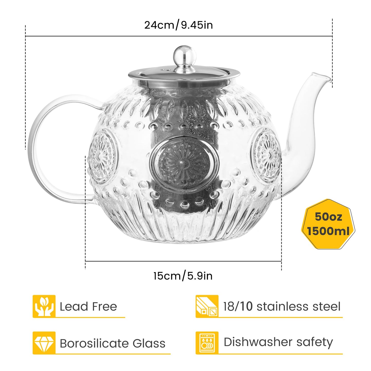 Amzcku 50OZ/1500ml Vintage Glass Teapot with Removable Infuser – Stovetop Safe, Borosilicate Glass Tea Kettle for Blooming & Loose Leaf Tea