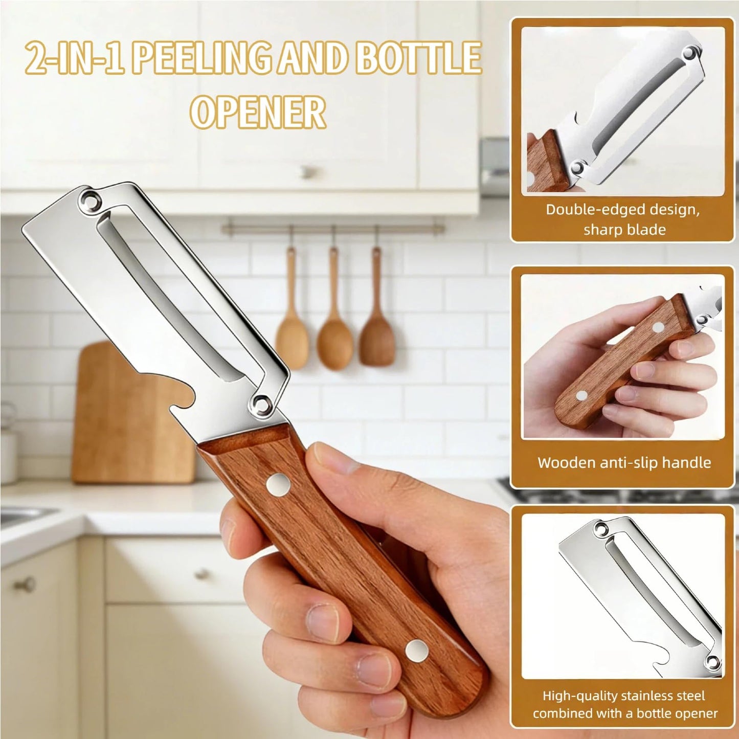 Vegetable Peelers for Kitchen, Multi-functional Vegetable Peeler for Kitchen,Peeler with Wooden Handle and Bottle Opener